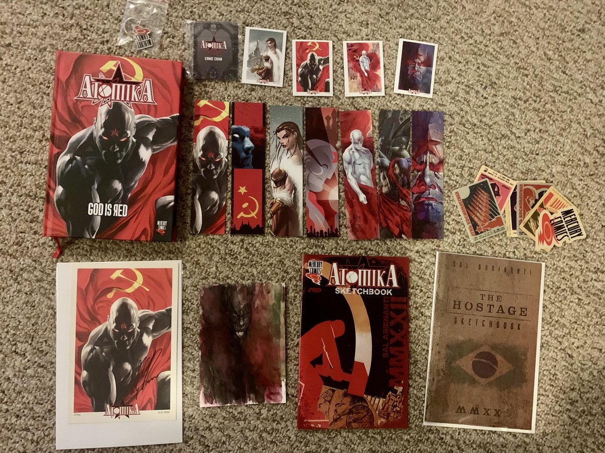 jdurgin1084's tweet photo. I wanted to give a shout-out to @SalAbbinanti for the amazing Atomika Kickstarter package. I’m so glad I backed this, everything is so beautiful. The book is incredible! Look at all these goodies (including the awesome SIGNED print from @thealexrossart himself. @comics_mercury https://t.co/MdvhkLU1in