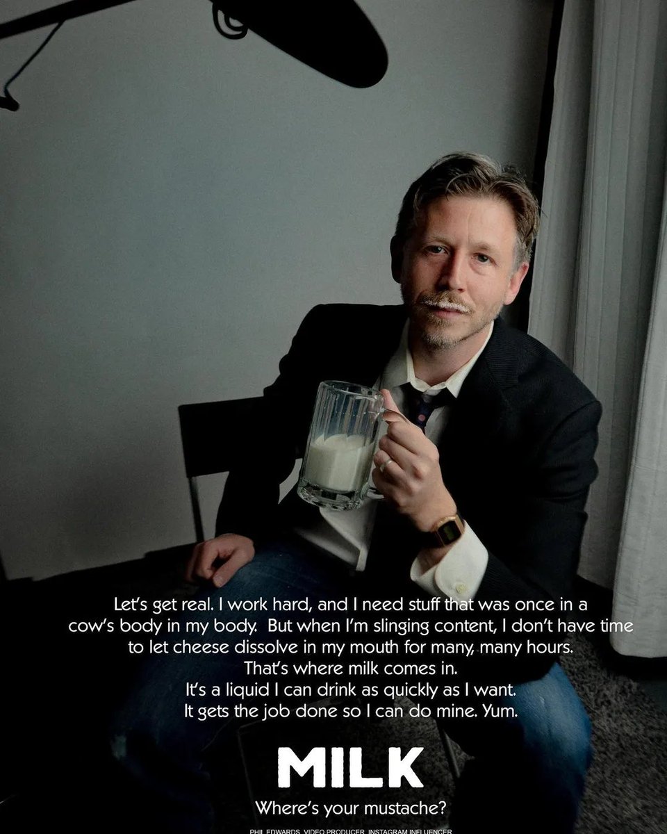 xanderall's tweet image. I just saw @PhilEdwardsInc's video on the Milk Moustache campaign. Short and sweet, as all history/pop culture explainers should be! Props on going the extra mile and making your own Leibovitz-style "milk portrait", Phil! 
#milkmoustache #advertising #milkPEP #gotmilk?
