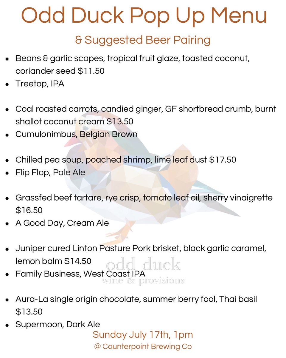 CounterpointKit's tweet photo. ๐Sneak peek at the menu for Sunday's Odd Duck pop up!โ
โ
๐ฆSunday from 1-6pm, @oddduckwandp will be serving up some fine dishes to accompany our beer list.โ
โ
๐บImbibe away, friends - this is going to be an excellent experience!
โ
#oddduck #finefood #finebeer #supportlocal https://t.co/mJdup0Y7k7