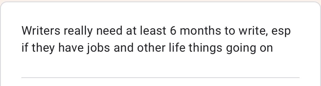 noted! if a six month writing period works better for people, we’d be happy to do that~