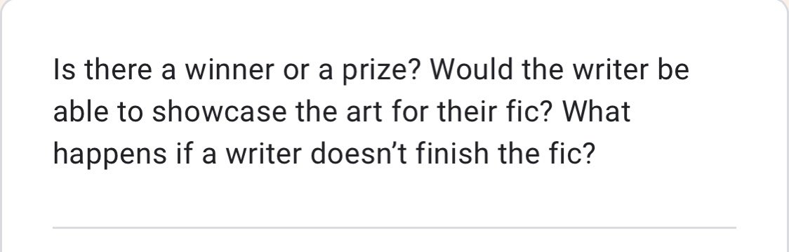 there’s no prize or winner, as this is just a fest not a contest. 
writers will be able to embed the art into their fic when posting on ao3 (if they choose) or link the art in the notes. 
writers not finishing is a more complicated answer which depends or if we hold a BB or RBB.