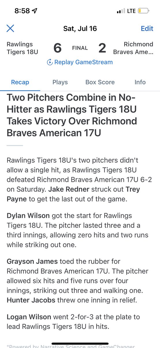 We didn’t get a picture of the players (will do in the morning), but for the SECOND time in 4 games, <a href="/GraysonWallac17/">Grayson Wallace</a> (‘23) calls a No-Hitter!! Dylan Wilson (‘23) and <a href="/Jake_redner2005/">Jake Redner</a> (‘23) were lights out in the bump!! <a href="/RecruitTigers/">Rawlings Tigers National Recruiting</a> <a href="/SpikerHelms/">Spiker Helms</a>