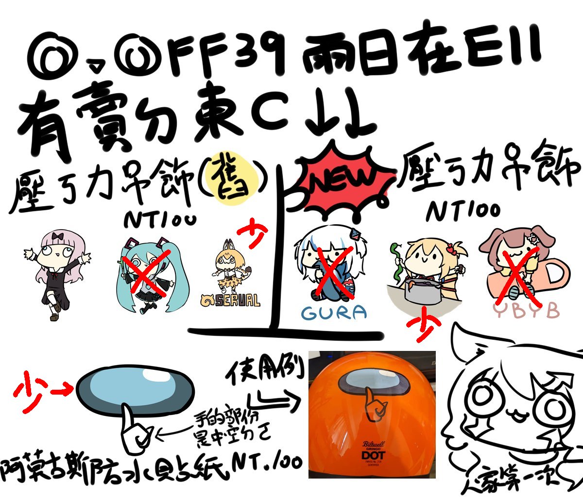 今天也在E11  
打叉的代表沒了
除了千花其他都剩少量
考慮現場百元塗鴉
有搞頭嗎?🤔 