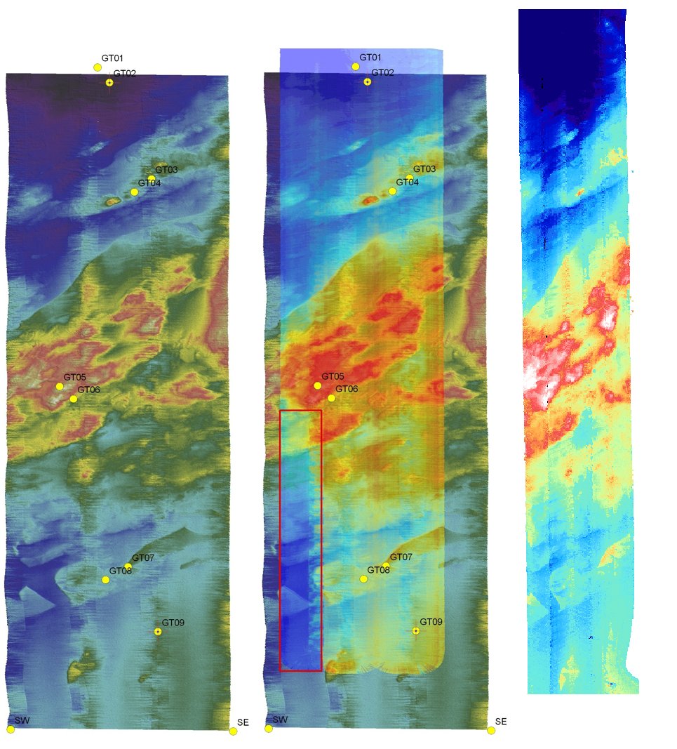 Robot_Matt_'s tweet photo. Haig Fras Multibeam by @CefasGovUK left, Autosub6000 overlaid on Cefas middle, @NOCnews Autosub 5 on the right. Taken over 10 hours it still needs some cleaning up & had a bit too much roll but super happy with it's first science multibeam #Dy152 https://t.co/KZkNvZyLOw