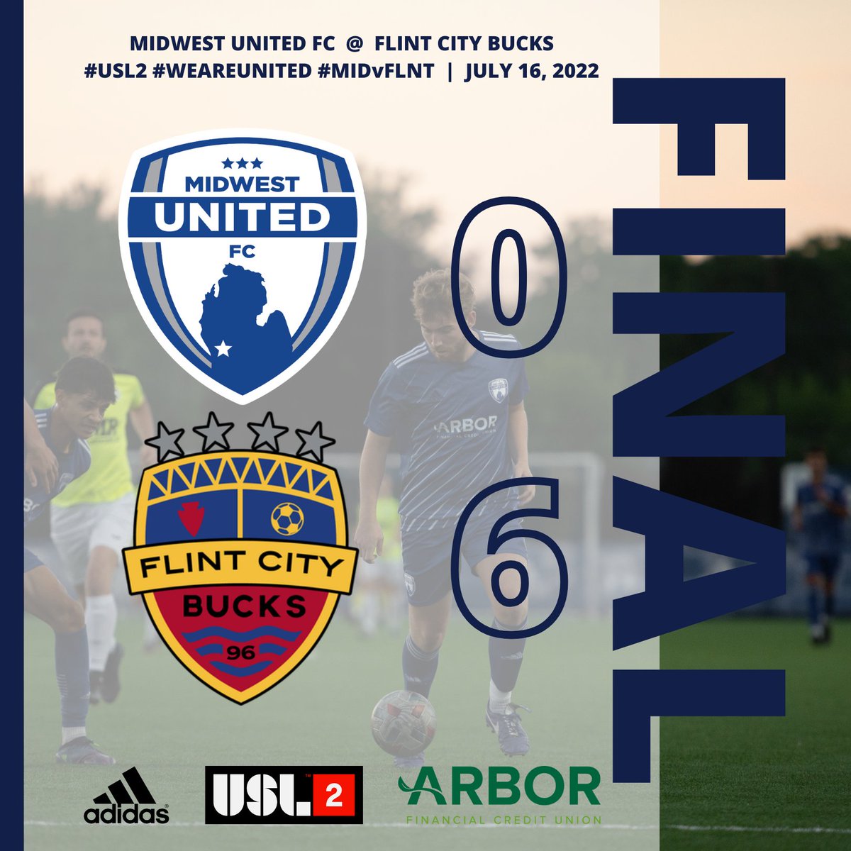 mufcusl's tweet photo. FINAL: MUFC  0 - 6  FLNT
Wasn’t our night in Flint. Onto the next, Midwest! 🔵
#MidwestUnitedFC #WeAreUnited #USL2 #MIDvFLNT https://t.co/14XhHx87De