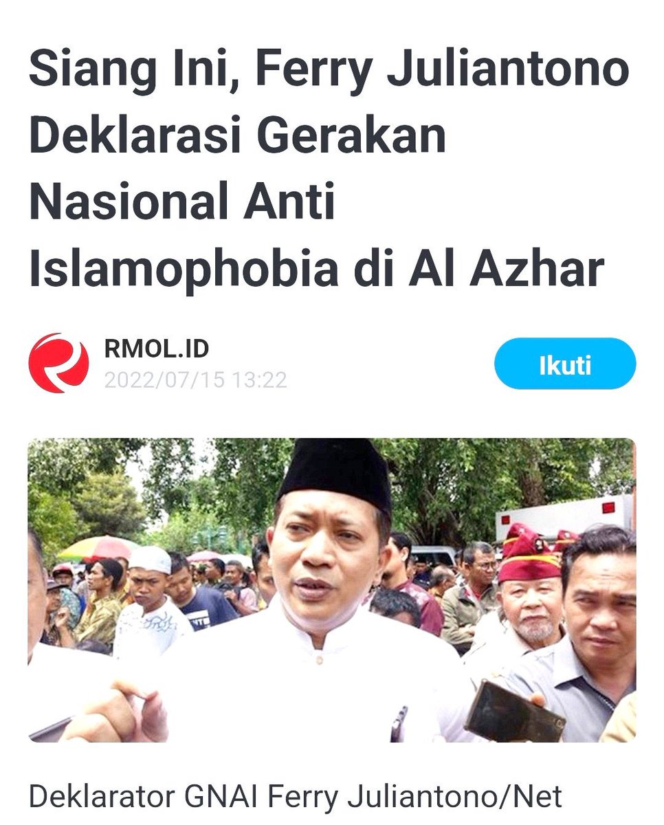 Gak ada Islamophobia. Presiden sdh naik haji, bahkan masuk Ka’bah dan makam Nabi Muhammad. Wapresnya ulama besar. Rukun Iman - Rukun Islam semuanya bisa dijalankan &amp; difasilitasi di Indonesia. 
Yg ada itu,politisi jualan emosi umat. 
Ayo cerdaskan umat, jangan mau dibohongi terus