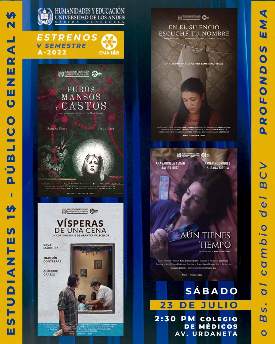 ULA_EMA's tweet photo. Regresamos con 4 cortometrajes en #Estreno en #Mérida en el Colegio de @medicos_merida el próximo #23Jul a las 2:30 pm
Evento profondos #EMAULA ¡Te esperamos! 
#LoVolvimosaLograrEMA https://t.co/gUGhpPyLzb