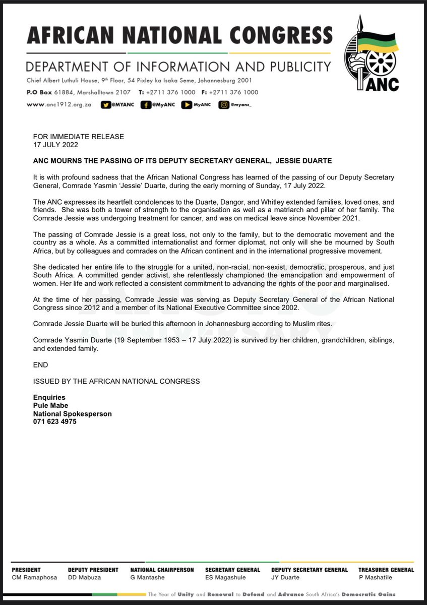 ANC - African National Congress (@myanc) on Twitter photo <a href="/MYANC/">ANC - African National Congress</a> mourns the passing of its Deputy Secretary General, Comrade Jessie Duarte. <a href="/MYANC/">ANC - African National Congress</a> mourns the passing of its Deputy Secretary General, Comrade Jessie Duarte.