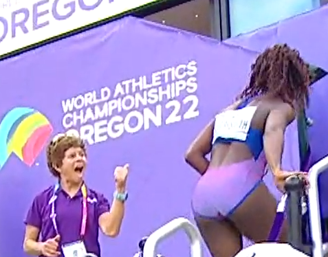 watching the world athletics championships and I AM HERE for this woman who enthusiastically cheers every single person after their race.