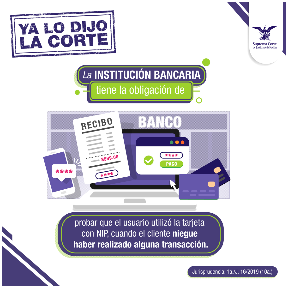 SCJN's tweet photo. ¿Has tenido que reclamar por pagos no reconocidos hechos con tu tarjeta bancaria y tu NIP? La Corte determinó que corresponde al banco demostrar que esas operaciones sí fueron realizadas por el tarjetahabiente. 

#Jurisprudencia ⚖️ 1a./J. 16/2019 (10a.) https://t.co/Ltq9VplLHU https://t.co/e79NsaszPv