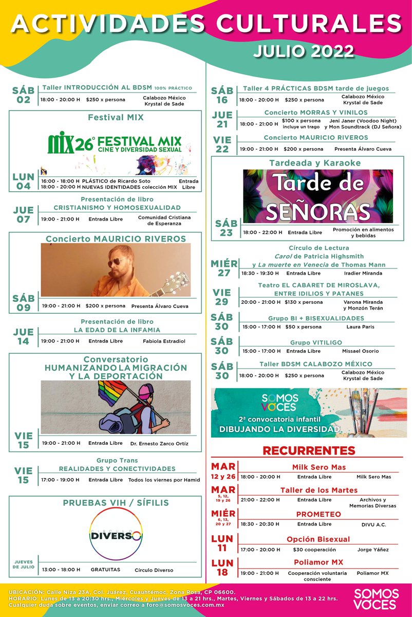 SomosVocesMX's tweet photo. Conciertos de @mauricioriveros y Morras y vinilos; Cabaret Miroslava a beneficio de @CasaFridaLGBT; Talleres de #BDSM con @calabozomx; Grupos con @vega_hamid, @mi_ssael, @MILKSEROMAS, @Divu_AC, @MxPoliamor y pruebas de vih/sífilis con @circulolgbt. ¡Más Julio en #SomosVoces! 🌈🎉 https://t.co/vsGgX9zrLd