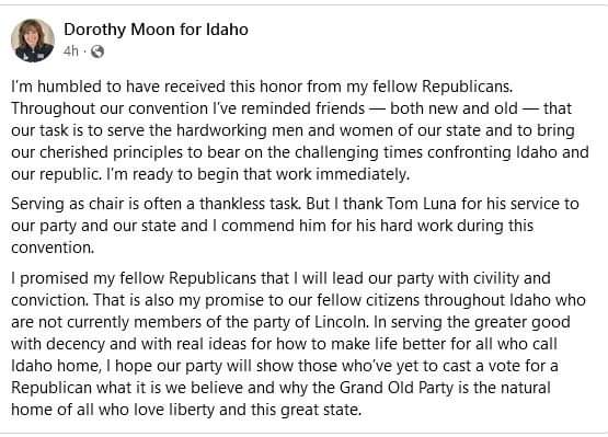 ADAGOPCC's tweet photo. CONGRATULATIONS TO OUR NEW IDAHO STATE GOP CHAIRWOMAN- @moonforidaho
We wish her well and thank outgoing Chairman @TomLuna for his exemplary service.
#idpol #idgop #keepidahored #keepadared https://t.co/3VldM5RMs6