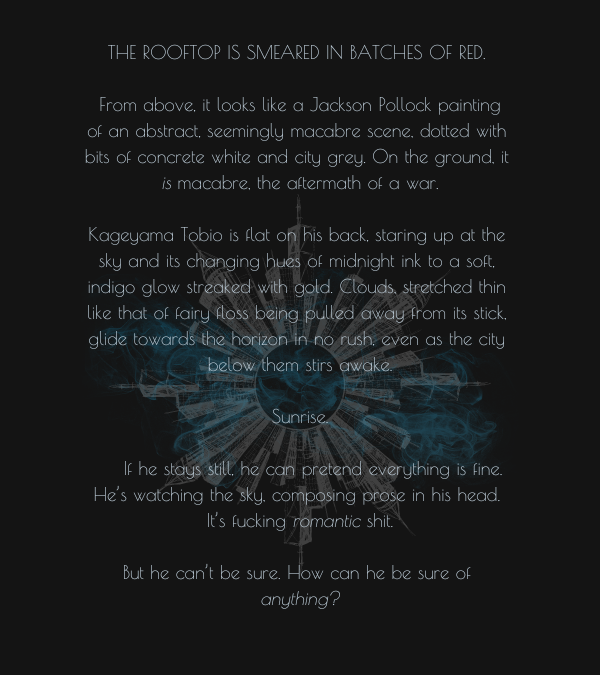 outliers | #tsukikage

the city is rife with threats, and Kageyama can't help but feel obligated to do something about it

urban fantasy au | angst | blood &amp; violence | vigilantes | <a href="/hqfantasybb/">HQ!! Fantasy Big Bang</a> | 1/12

beta: Mor
artist: <a href="/drawingasmile/">lina | drawingasmile (now on 🦋💙)</a> 

archiveofourown.org/works/40324152…
(art in replies!)