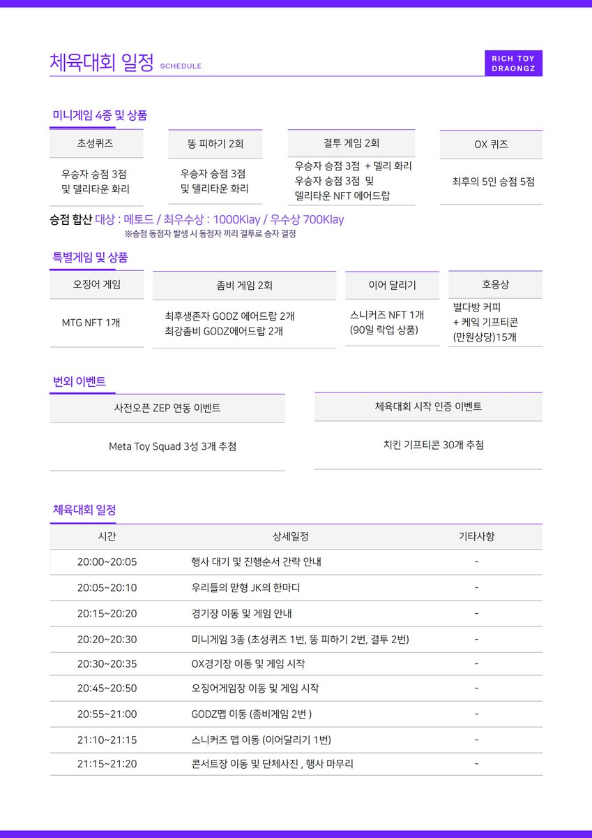 안녕하세요. RTDC 팀입니다.
체육대회 세부 일정이 나와서 공유드립니다! 👏
금일 오후 7시부터 입장 가능합니다.
원활한 진행을 위해 ZEP 로그인, 지갑 연동 하셔야 접속 및 승리 보상 획득 가능함을 알려드립니다.
휴대폰도 ZEP 앱 설치 시 접속 가능하나, 가능한 PC로 플레이 하시길 권장드립니다.