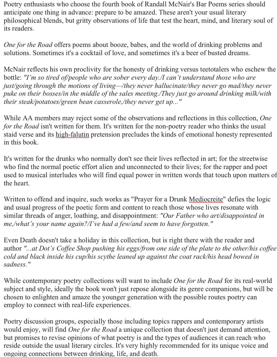 Just sent my final edits of #BarPoems Book 4, One for the Road, to the typesetter. Here's its first review from D. Donovan, Senior Reviewer at the Midwest Book Review: barpoems.com mcnairpoet.com #WritingCommunity #poetrylovers