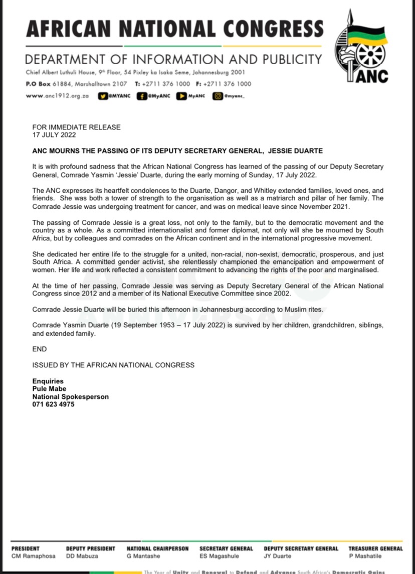 AndiMakinana's tweet photo. The ANC has announced the passing of its deputy secretary-general, Jessie Duarte. She was 68.

She will be buried this afternoon according to Muslim rites. 

May her soul Rest in Peace. https://t.co/qS9EDl0AU5