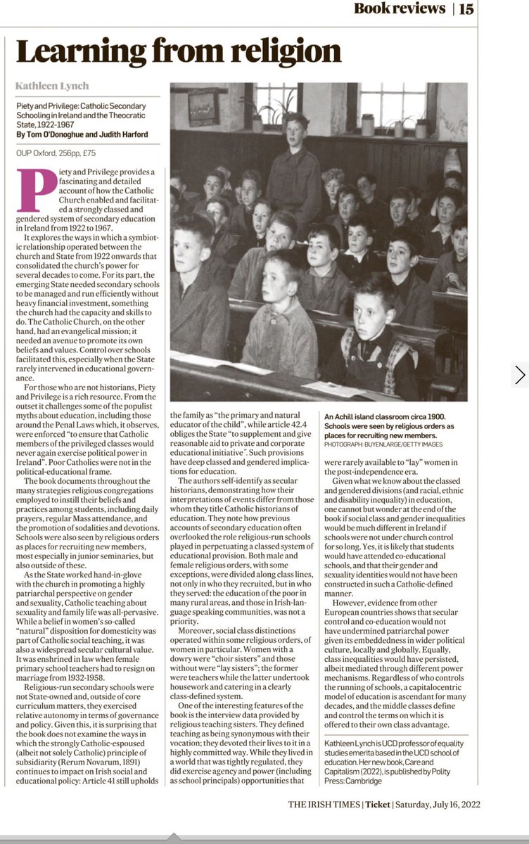 SchoolofEdUCD's tweet photo. Review of @JudithHarford and Tom O’Donoghue’s book by Kathleen Lynch in Saturdays Irish Times. https://t.co/XrLkqNTdiN