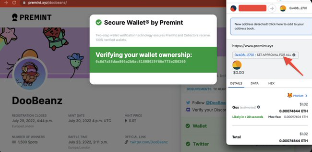 NFTherder's tweet photo. Premint is reportedly hacked. However a possibility could be that multiple scam projects posing as legit projects are using the service with a malicious contract

If that turns out to be the case Premint wouldn't have been hacked but simply abused

Either way dangerous .. https://t.co/T7hBhNObYF