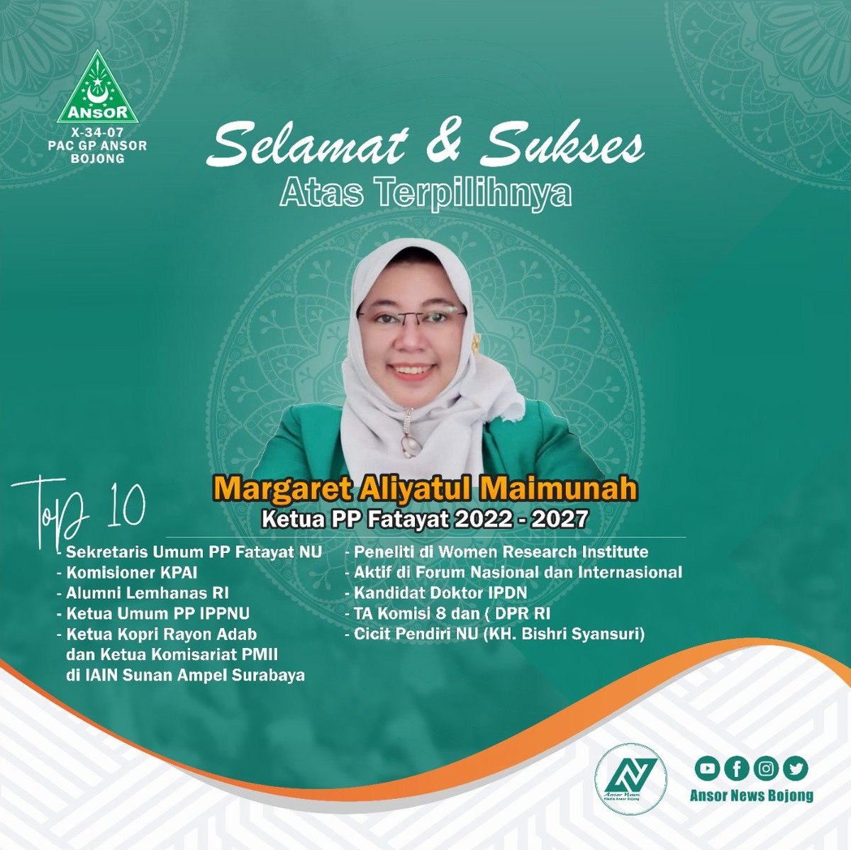 NewsAnsor's tweet photo. Selamat dan Sukses Atas terpilihnya Margaret Aliyatul Maimunah sebagai Ketua Umum PP Fatayat NU Masa Khidmat 2022-2027
________________________

#NUOnline #nahdlatululama #kongresfatayatnu
#ansor 
#ansorbansernu #ansorbanser
#ansornu 
#ansorjateng
#AnsorNewsBojong https://t.co/bkWaJF1FMl