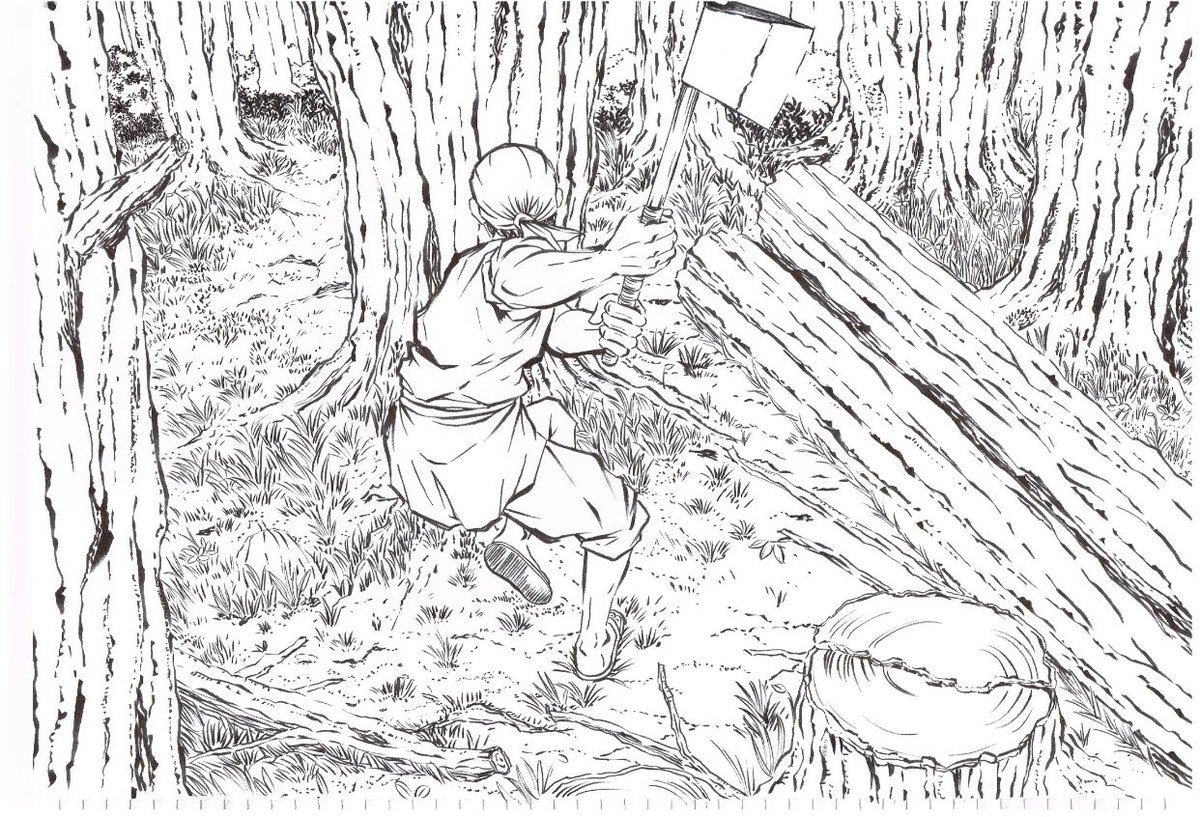 紙芝居線画の続きです。この木こりのおっちゃんが、鬼蜘蛛を退治する話しです。 妻の話では、この前兵庫県のお寺さんの手作り市で披露し、中々好評だった様です #漫画家志望さんと繋がりたい #漫画家志望 #漫画家制作
