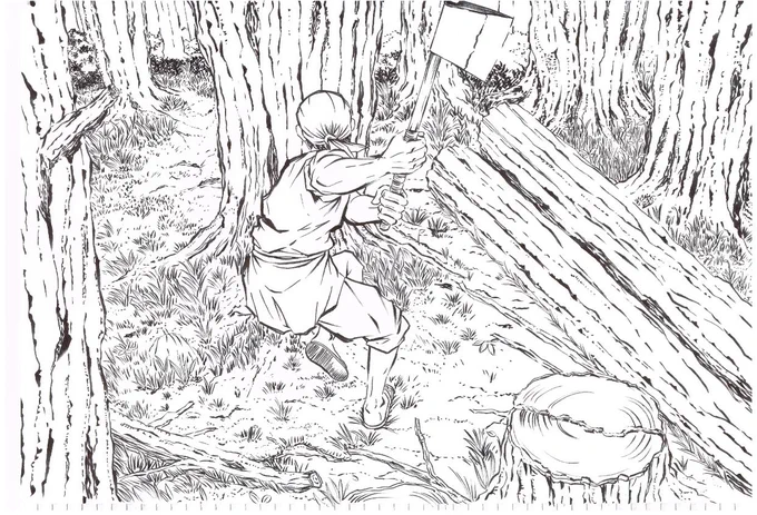 紙芝居線画の続きです。この木こりのおっちゃんが、鬼蜘蛛を退治する話しです。 妻の話では、この前兵庫県のお寺さんの手作り市で披露し、中々好評だった様です #漫画家志望さんと繋がりたい #漫画家志望 #漫画家制作