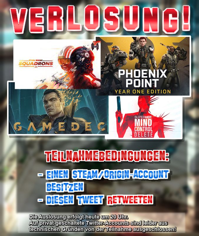 Sabishi1985's tweet photo. ++ VERLOSUNG ++

- Star Wars Squadrons (Origin-Key!)
- Phoenix Point: Year One Edition
- Gamedec
- Superhot: Mind control delete

Platz 1 darf sich zuerst ein Spiel aussuchen, danach Platz 2, dann Platz 3. Platz 4 bekommt das übrige Spiel. ^^

#SabiVerlost https://t.co/qAfNS8APDc