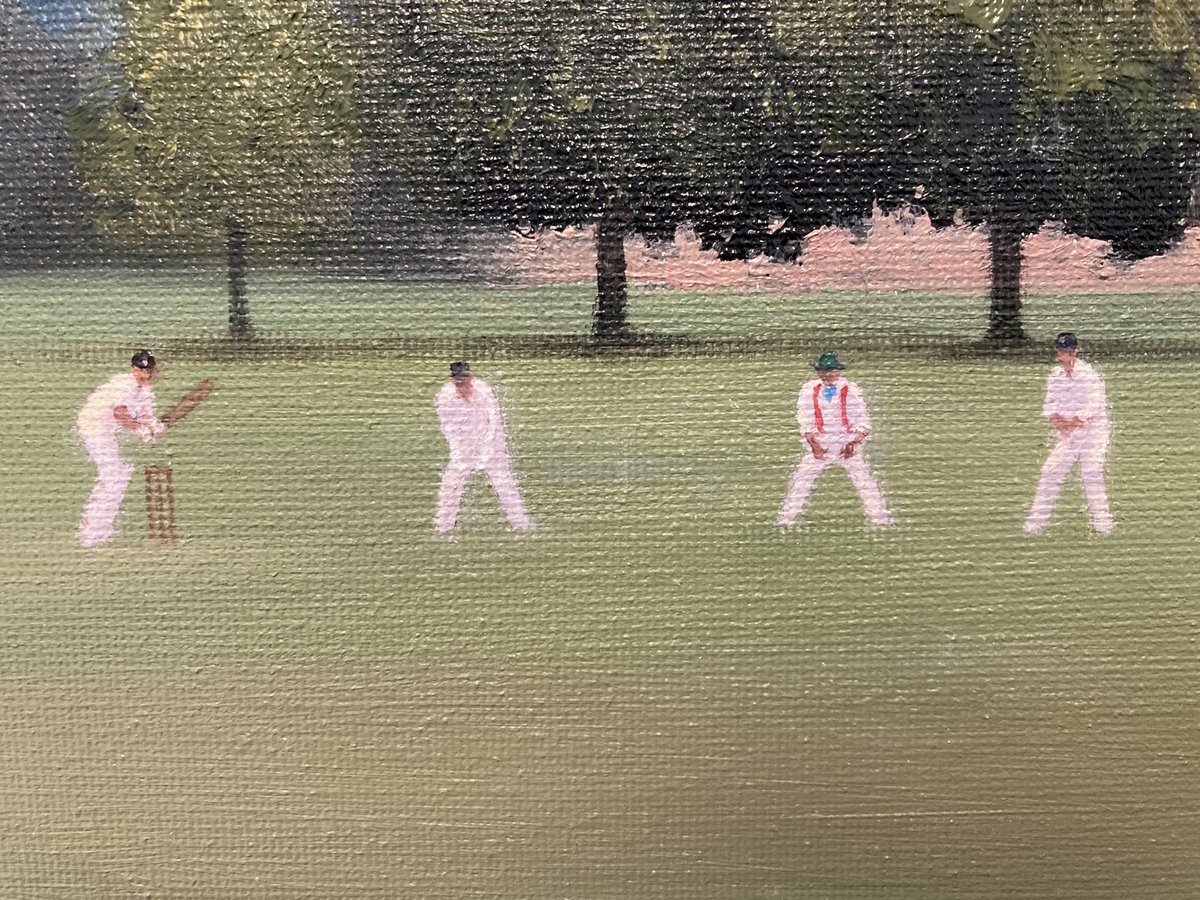 jackrussellart's tweet image. Sneak close up preview of work in progress for @shscolondon annual match v @_What_Ho “Gold Bats”@westwycombecc @WestWycombe As promised red braces and resident red kite plus a green @PelisCricket cap #SherlockHolmes #Cricket #painting #ArtistOnTwitter