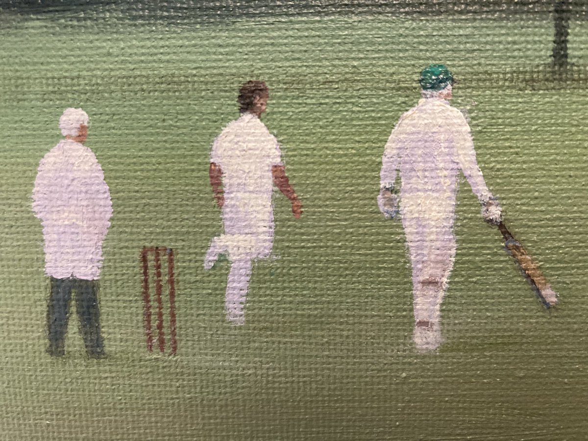 jackrussellart's tweet image. Sneak close up preview of work in progress for @shscolondon annual match v @_What_Ho “Gold Bats”@westwycombecc @WestWycombe As promised red braces and resident red kite plus a green @PelisCricket cap #SherlockHolmes #Cricket #painting #ArtistOnTwitter