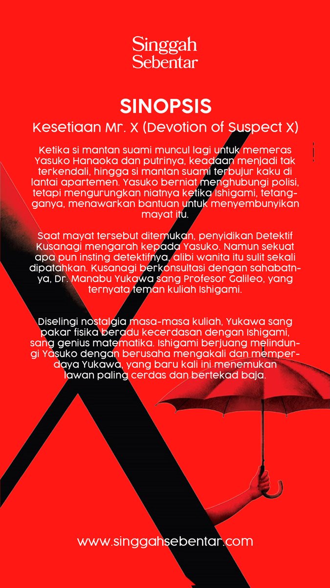 yoksinggah's tweet photo. #SekilasTentang

Devotion of Suspect X (Kesetiaan Mr. X)
by Keigo Higashino

Novel detektif thriller yang menarik untuk kalian baca di kala senggang 🫰

#SinggahSebentar #DevotionofSuspectX https://t.co/fpKZ5mMYT7