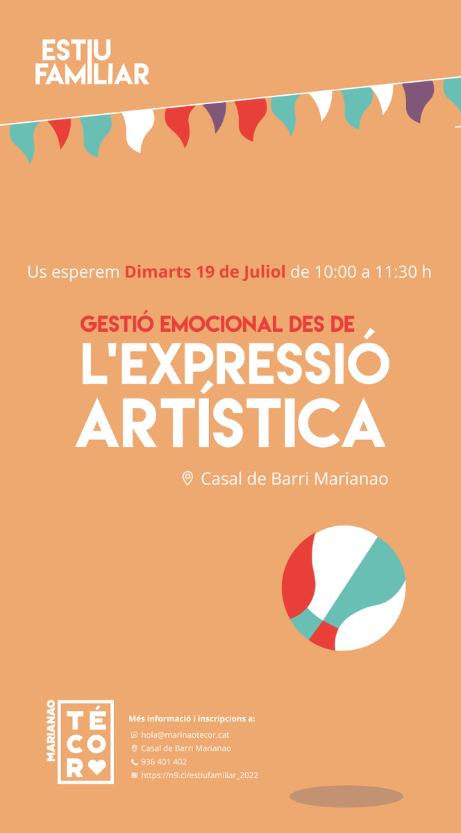 Les activitats continuen! ☀️ Aquest dimarts 19 de juliol et presentem el taller de Gestió emocional des de l'expressió artística 🎨 que dinamitzen els companys de <a href="/pessantboi/">PES Sant Boi</a>, de 10:00 a 11:30 h al Casal de Barri Marianao.

Apunta't amb la teva família! 🎟 😉❤️
#estiufamiliar