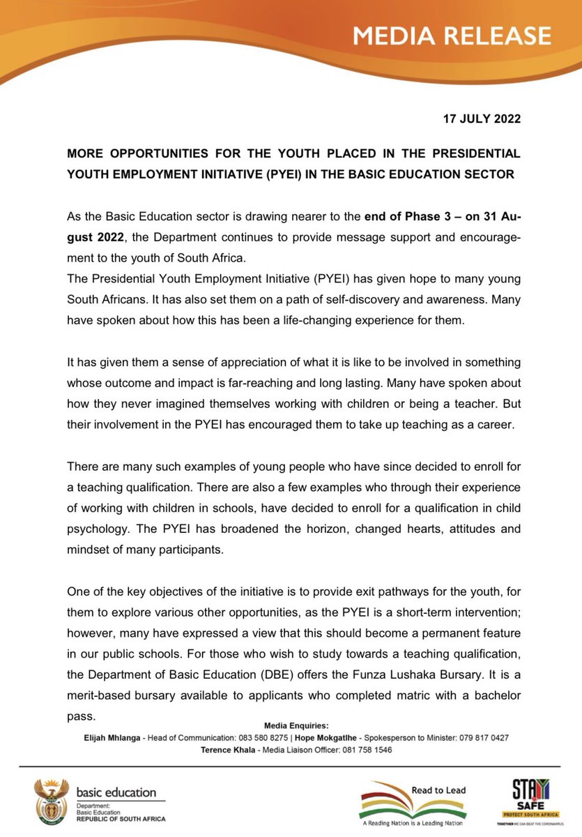 DBE_SA's tweet photo. [MEDIA STATEMENT] More opportunities for the youth placed in the Presidential Youth Employment initiative in the Basic Education Sector.   @HubertMweli @ReginahMhaule @ElijahMhlanga @dbetvnews https://t.co/p9DDfWoCI0