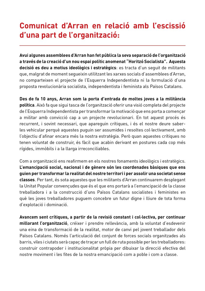 Arran_jovent's tweet photo. 📝 Comunicat d'Arran en relació amb l'escissió d'una part de l'organització. https://t.co/x0a4ahaJLx