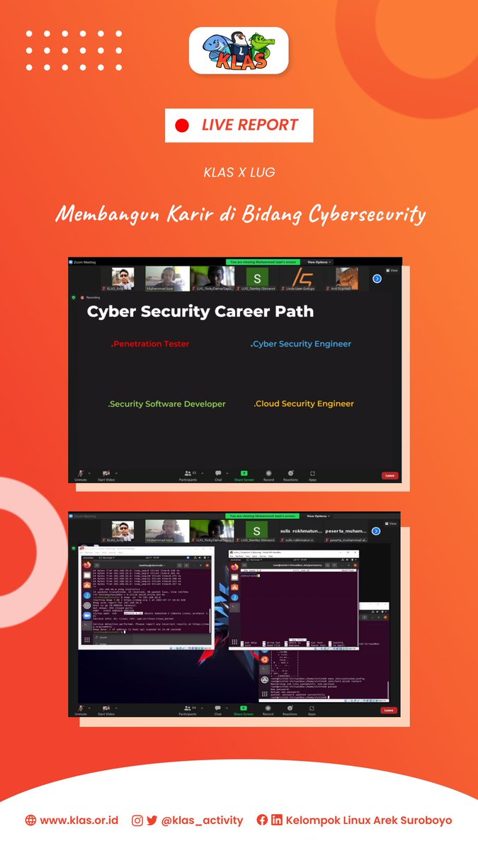 Telah berhasil dilaksanakan Cangkru'an online yang berkolaborasi antara Kelompok Linux Arek Suroboyo (KLAS) dengan LUG yang membahas "Membangun Karir di Bidang Cyber Security". Terimakasih kepada semua pihak yang terlibat dan telah mensukseskan acara Cangkru'an ini :)
