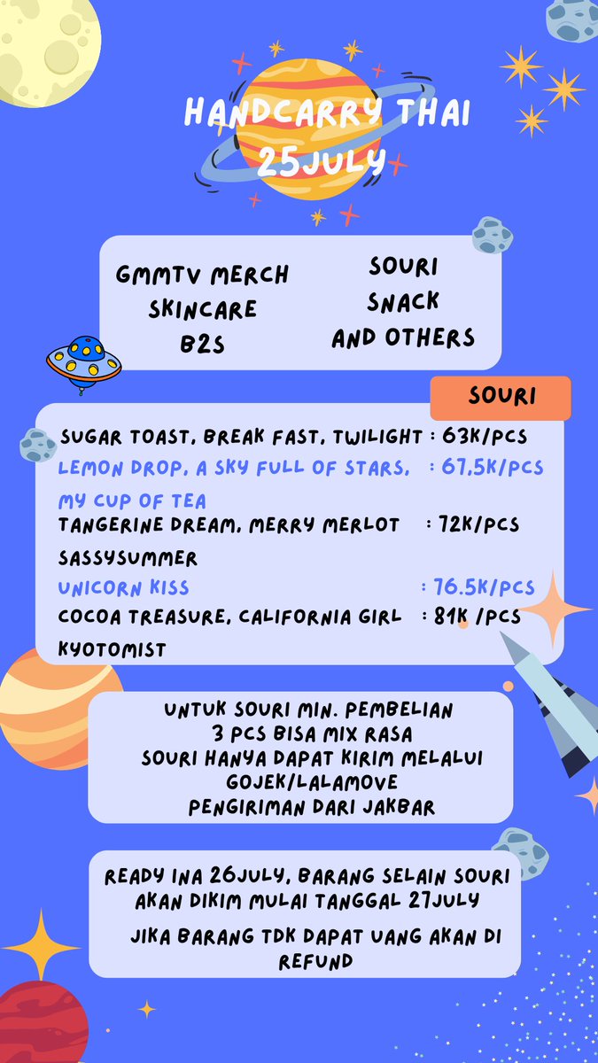 thaispace_merch's tweet photo. Thaispace open handcarry thailand
Bisa jastip souri, jastip gmmtv merch, skincare, snack dll, batas order sampai tanggal 21 july ya!
Untk jastip souri pengiriman di tanggal 26 july, dar jakbar hanyak bisa pakai gojek/lalamove ❤
#TSInfo
#SouriXVelatoPopupStore https://t.co/GlQvyqyN8R