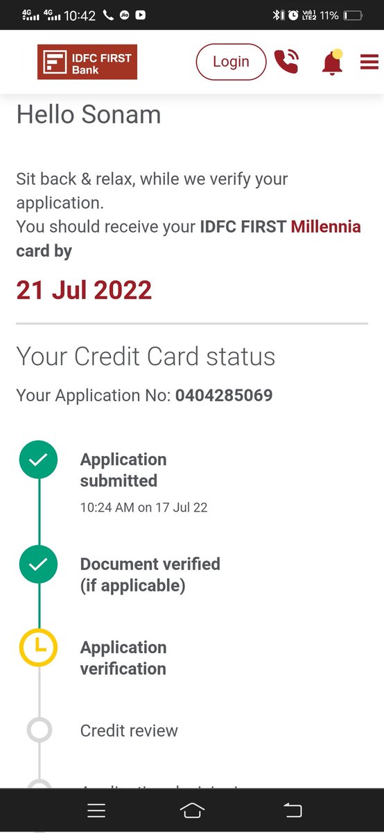 sonamray4's tweet photo. @IDFCFIRSTBank my application was verified on yesterday but showing as it is not verified it will be on holiday for next 3 days.what is the reason? I was applied card to card but it's totally no income proof required.kindly check i am shared my screenshot with application number. https://t.co/9sdNoL5YZZ