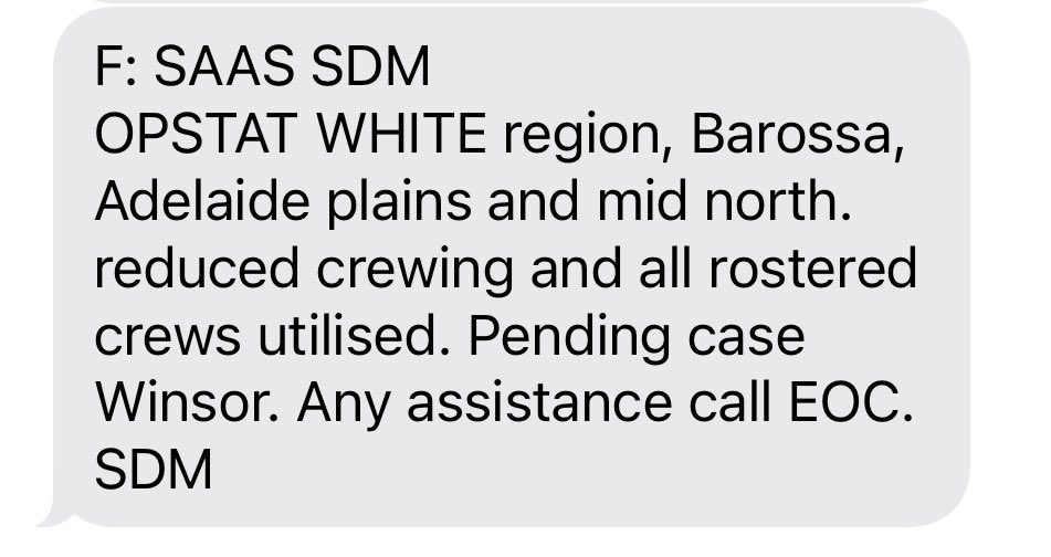 aeasa1981's tweet photo. 🚨Sun 2:30pm: SA Ambulance OPSTAT White across Barossa &amp; Adelaide Plains. Staff shortages &amp; uncovered cases.

‘Operational capacity, capability and/or resources are insufficient to maintain effective service delivery for high acuity cases’ … ‘Patient safety is directly affected. https://t.co/0VoJQ5ErFs