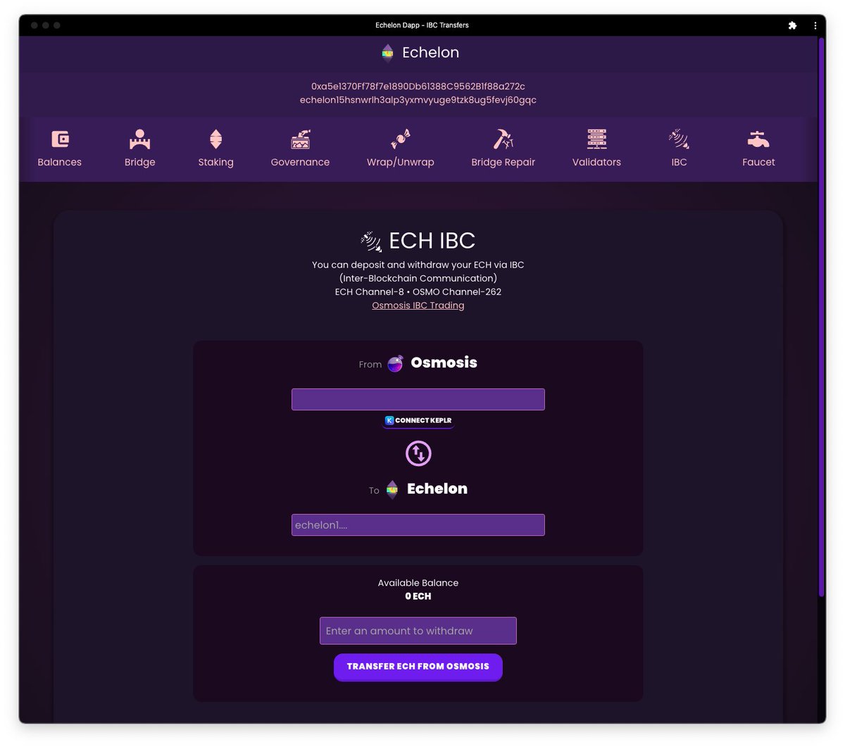 Deposit and Withdraw $ECH from $OSMO on our dapp with Metamask at app.ech.network/ibc 🛰️

Trade at frontier.osmosis.zone ⚛️🧪

#cryptocurrency #crypto #web3 #cosmos #EVM