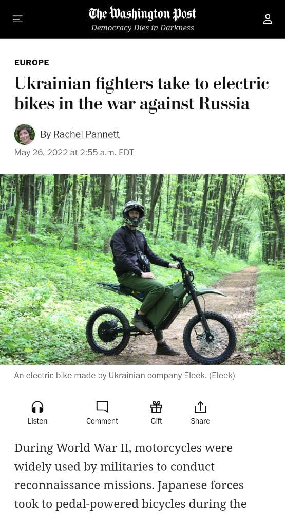 sergap_motor's tweet photo. Info Internasional:
The Ukrainian e-bike makers involved. They’ve been used for carrying out sniper attacks. Top speed of 55 mph &amp; relatively silent — helping evade Russian fire. - WP -

#MilitaryEV #MotorListrik #ElectricVehicle #MotorbikeElectric https://t.co/VPHXnU6CtM