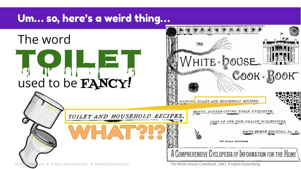 ReadzillaTeach's tweet image. I made a lesson about euphemisms and language change over time, and I found the absolute BEST thing to include: An old official White House cook book that mentions "Toilet Recipes." 🤣 (P.S. White House image at top was added to give clarity for visual learners+ELLs) #literacy