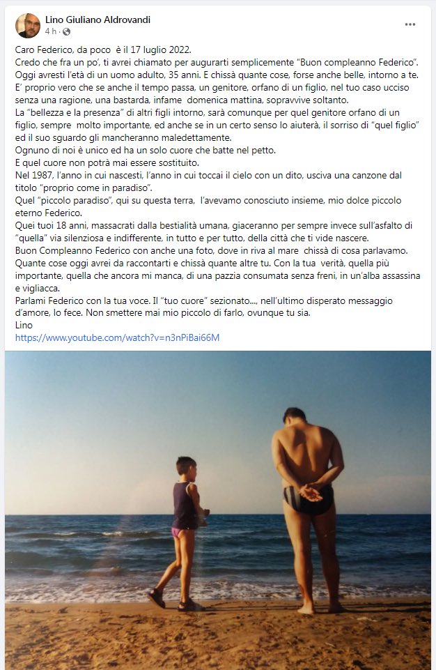 unoscribacchino's tweet photo. Se quattro poliziotti non l'avessero ucciso oggi Federico #Aldrovandi avrebbe compiuto 35 anni. 

#AldroVive 

https://t.co/oh6HltNGfi #17luglio https://t.co/fNV4xZujVB