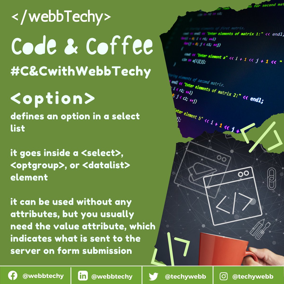 TechyWebb's tweet photo. <option>

Visit: https://t.co/JqQL4GT93U

#webbtechy #webdesign #WebsiteDevelopment #developers #WorkFromHome #WebbTechyWebsite #DevOps #html #HTML5 #PHP #MySQL #bootstrap4 #ajax #bot #calltoaction #Python #reactjs #JSON #entrepreneur #technology #graphicsdesign #C&amp;CwithWebbTechy https://t.co/i42N4kV87r