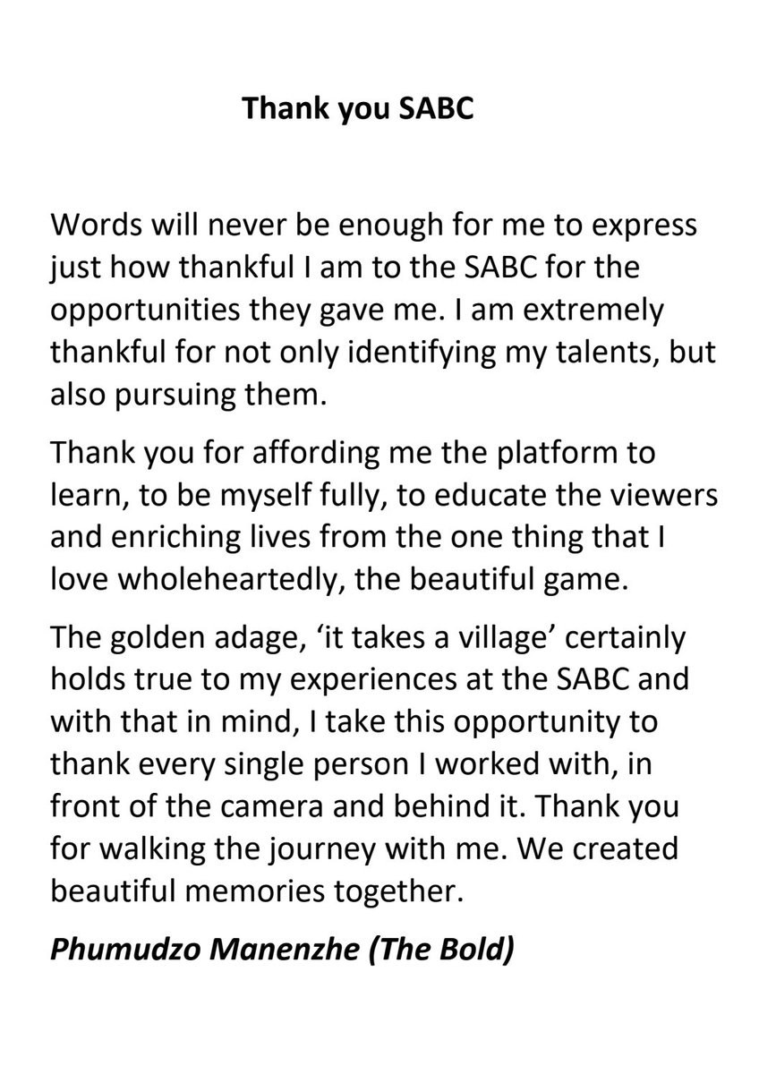 TheBold27's tweet photo. Words will never be enough for me to express how thankful I am to the SABC for the opportunity they gave me. Thank u for affording me the platform to learn.
The golden adage, 'it takes a village' certainly holds true to my experiences at the SABC @SABC_Sport @Official_SABC1 🙏🙏 https://t.co/sThGfN4cz4