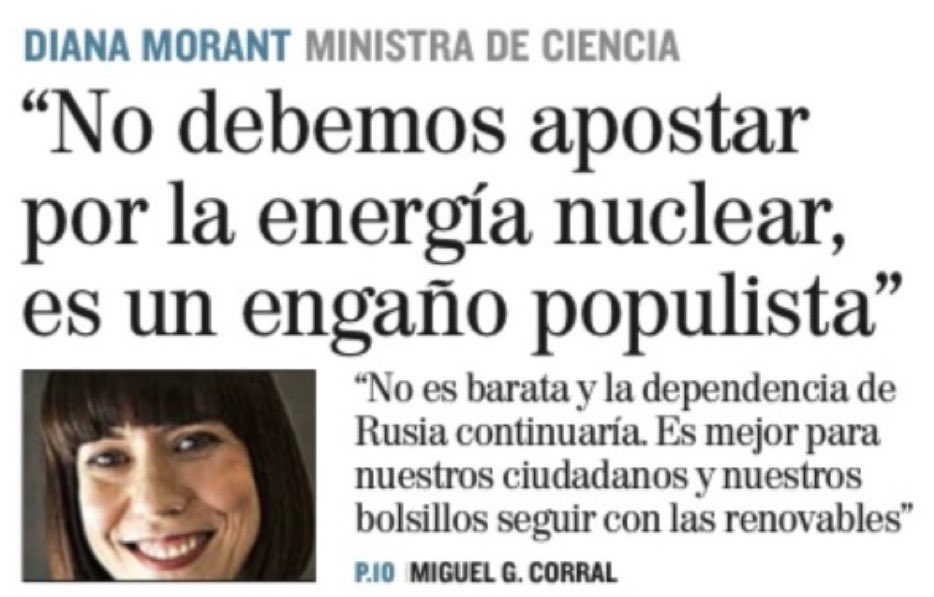 Una prueba más del fracaso del movimiento antinuclear: tras décadas de populismo, ahora dicen que lo populista es apostar por la energía nuclear. ¡Más ciencia (renovables y nuclear) y menos dogmas, ministra!