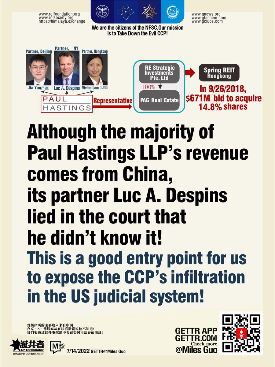 2kD6juc6As3OIxc's tweet photo. The majority of Paul Hastings LLP’s revenue comes from China, its partner Luc A. Despins lied in the court that he didn’t know it! This is a good entry point for us to expose the CCP’s infiltration in the US judicial system!
#PaulHastings #CCP #infiltration #USjudicialsystem https://t.co/cHyTMf9znF