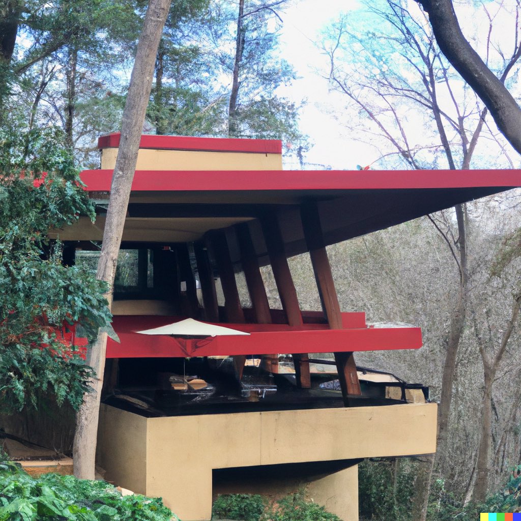 waxpancake's tweet image. “Combination Pizza Hut and Frank Lloyd Wright’s Fallingwater”