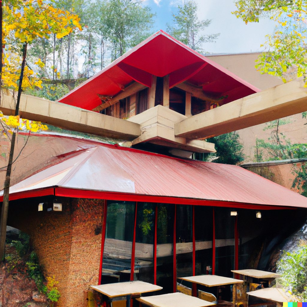 waxpancake's tweet image. “Combination Pizza Hut and Frank Lloyd Wright’s Fallingwater”