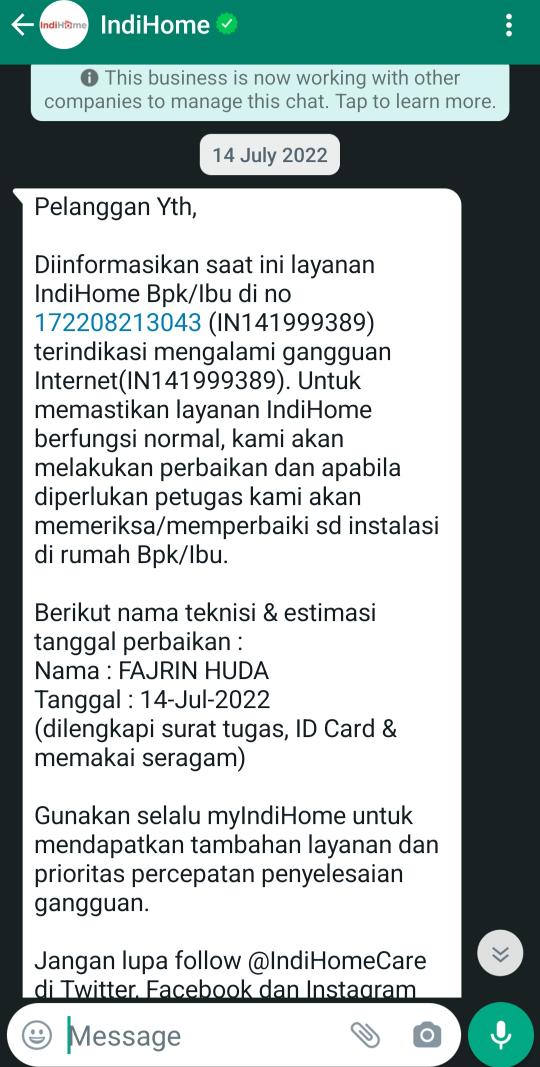 TulusPardosi's tweet photo. @IndiHomeCare Mohon maaf Min, sudah saya coba dan belum berhasil. Btw, saya juga dapat WA dari indihome yang menginformasikan akan ada teknisi yang datang, tapi gak datang". Kantornya pun tidak ada yang jaga. https://t.co/hyZxFNvsNh