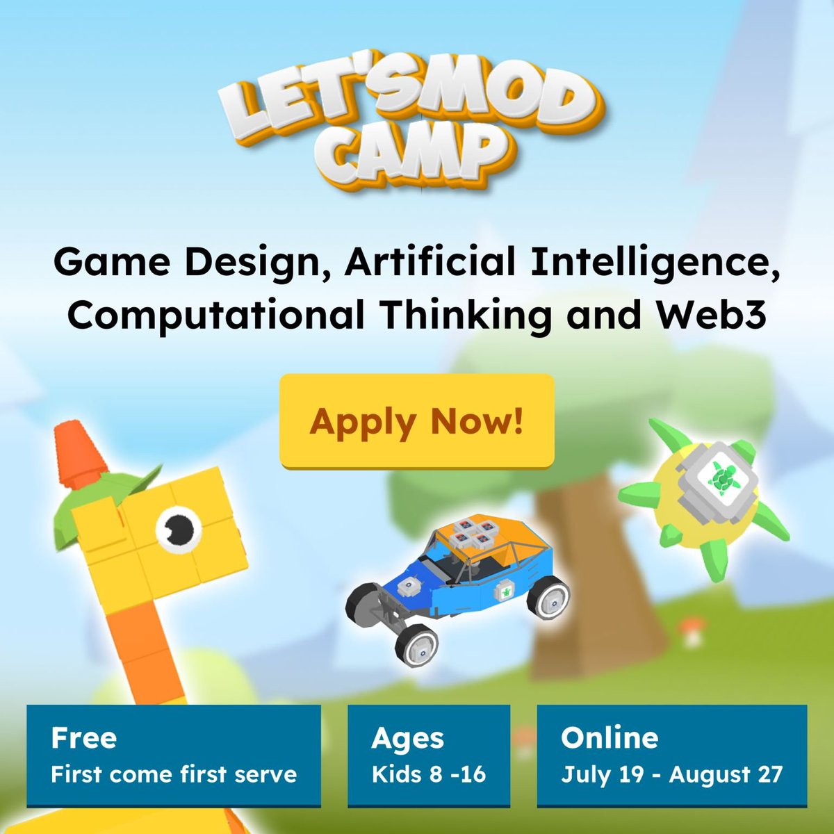 ImJattala's tweet image. #LetsMOD brings together world experts to coach the next generation of Creators (ages 8-16) around the world in an Online Camp from July 19 to August 27, 2022

Kids will learn game design, AI, Web3, and Computational Thinking.

Join us lnkd.in/gaFKWg3g for $250 Scholarship