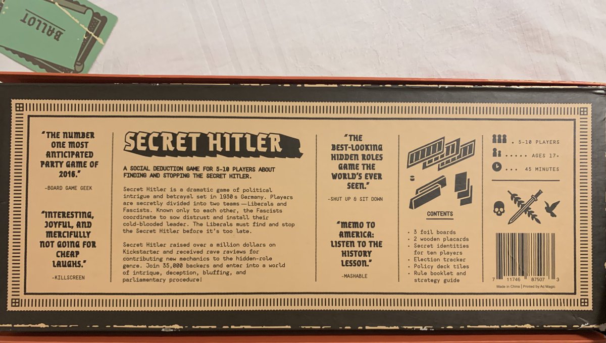 vanweringh's tweet photo. This is a fun game, useful for some #historyclasses. It involves chance, politics, subterfuge and some #backstairsintrigue. it’s called “Secret H*tl*r”. #historyteacher https://t.co/WMueMzUoo2