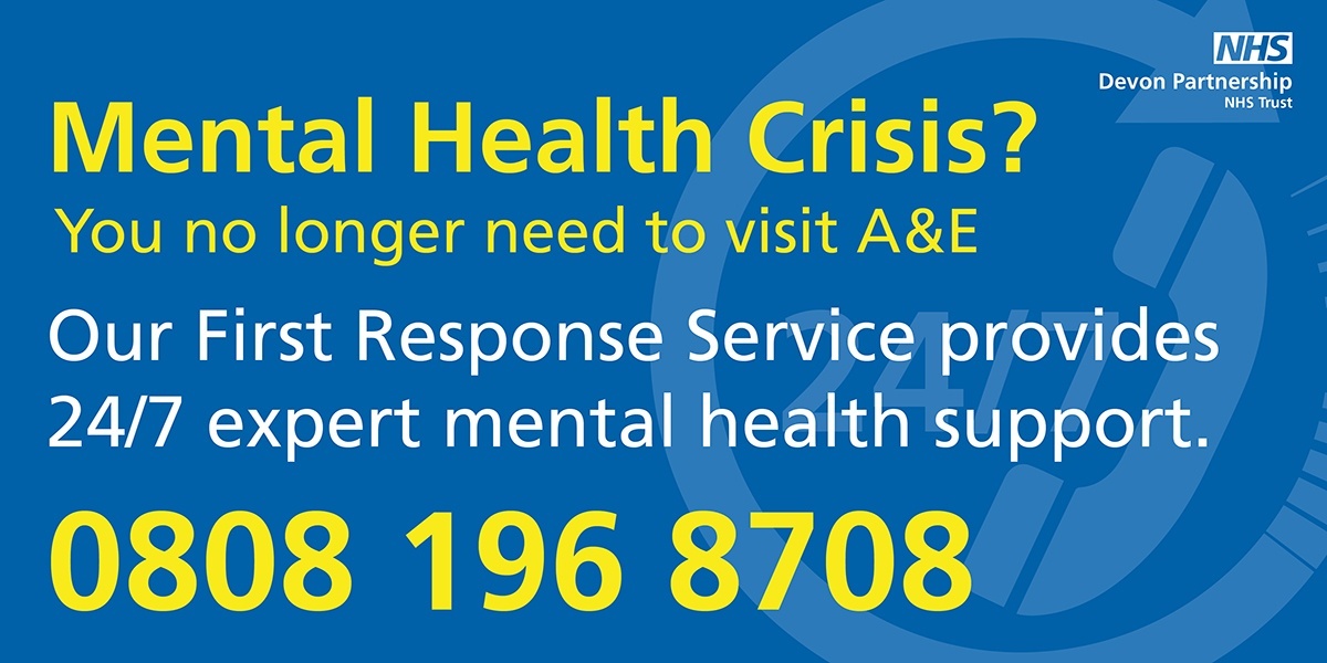 DPT_NHS's tweet photo. If you are in crisis and in need of urgent #mentalhealth support in #Devon, our 24/7 #FirstResponseService is here to help. Call free on 0808 196 8708. Find out more: https://t.co/CaG9GF5z9j https://t.co/ITi5UtJav1